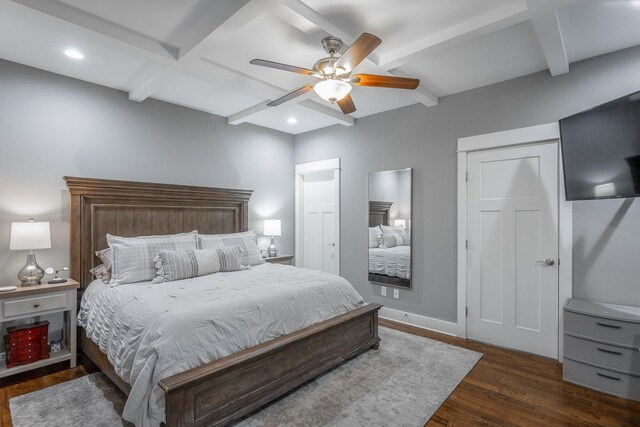 1023 Givens Rd, Chattanooga, TN 37421 - bedroom with wood finished floors, beamed ceiling, coffered ceiling, recessed lighting, and ceiling fan