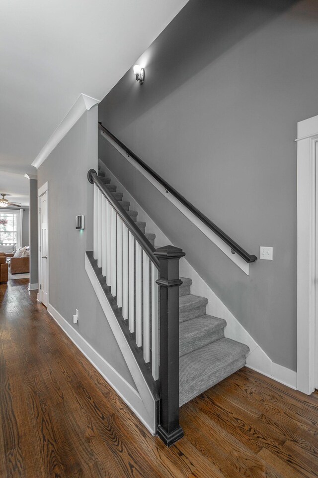1023 Givens Rd, Chattanooga, TN 37421 - stairway featuring wood finished floors, crown molding, and ceiling fan
