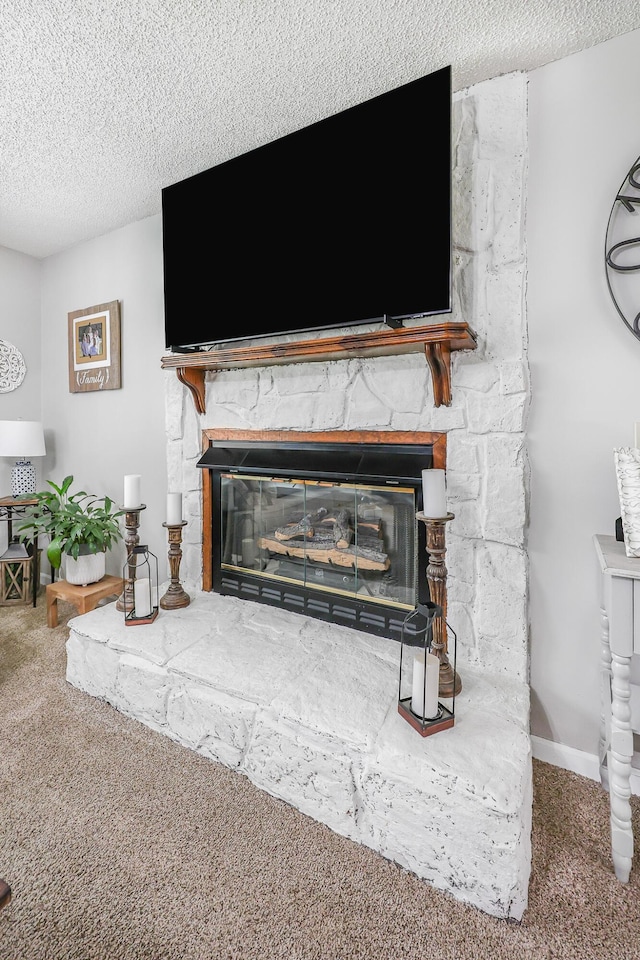 176 Ola Dr, Cohutta, GA 30710 - detailed view of a fireplace, carpet flooring, and a textured ceiling