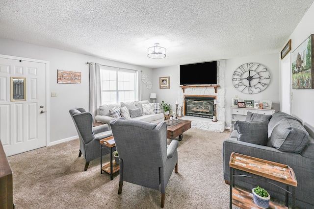 176 Ola Dr, Cohutta, GA 30710 - carpeted living area with a fireplace and a textured ceiling
