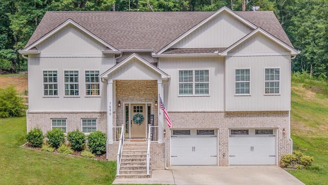 7596 Grasshopper Rd, Georgetown, TN 37336 - bi-level home featuring concrete driveway, a front lawn, brick siding, an attached garage, and a shingled roof