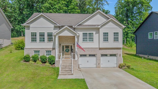 7596 Grasshopper Rd, Georgetown, TN 37336 - bi-level home with brick siding, concrete driveway, a garage, and a front lawn