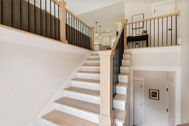 7596 Grasshopper Rd, Georgetown, TN 37336 - stairs with a towering ceiling, crown molding, and recessed lighting