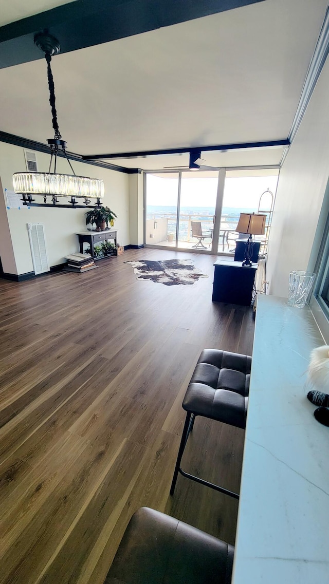 1131 Stringers Ridge Rd Unit 12H, Chattanooga, TN 37405 - living area featuring wood finished floors, a wall of windows, and ornamental molding