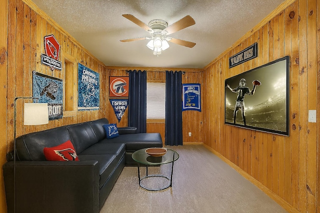 1728 John Ross Rd, Chattanooga, TN 37412 - living room with wooden walls, a ceiling fan, and a textured ceiling