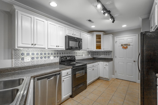 802 Applebrook Dr Unit 802, Rossville, GA 30741 - kitchen with black appliances, crown molding, white cabinets, light tile patterned floors, and backsplash