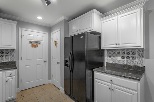 802 Applebrook Dr Unit 802, Rossville, GA 30741 - kitchen with black fridge with ice dispenser, crown molding, white cabinetry, decorative backsplash, and light tile patterned flooring