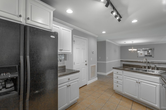 802 Applebrook Dr Unit 802, Rossville, GA 30741 - kitchen with black refrigerator with ice dispenser, ornamental molding, white cabinetry, a chandelier, and light tile patterned floors