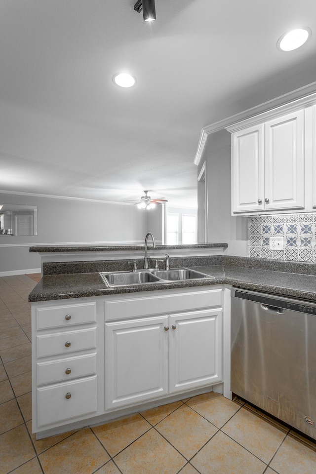 802 Applebrook Dr Unit 802, Rossville, GA 30741 - kitchen featuring dishwasher, light tile patterned floors, dark countertops, white cabinetry, and ceiling fan