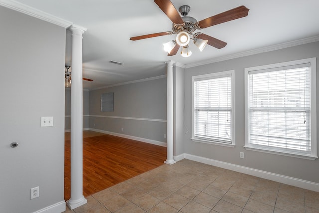 802 Applebrook Dr Unit 802, Rossville, GA 30741 - empty room with a ceiling fan, decorative columns, crown molding, and light tile patterned floors