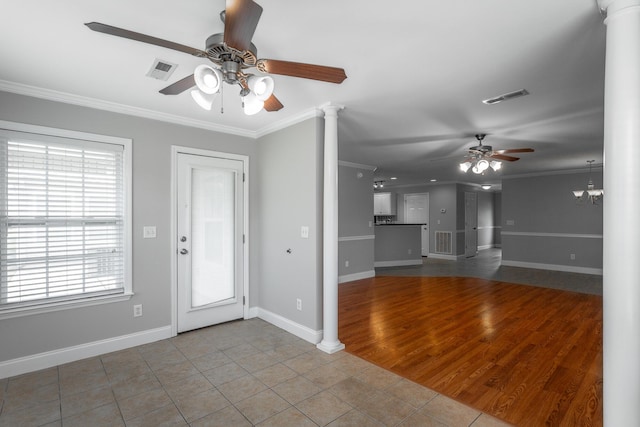 802 Applebrook Dr Unit 802, Rossville, GA 30741 - unfurnished living room featuring ceiling fan, ornate columns, ornamental molding, and tile patterned floors