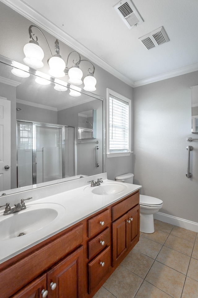 802 Applebrook Dr Unit 802, Rossville, GA 30741 - bathroom featuring double vanity, a shower stall, tile patterned flooring, and ornamental molding