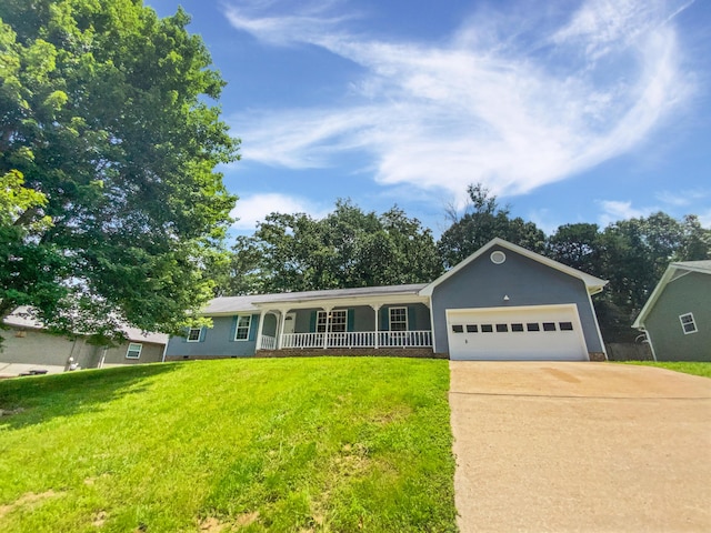 7110 Ridgestone Dr, Ooltewah, TN 37363 - ranch-style home featuring a porch, concrete driveway, a front lawn, and an attached garage