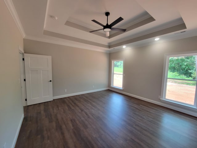 202 Cheshire Crossing Dr, Rock Spring, GA 30739 - spare room featuring a tray ceiling, a ceiling fan, dark wood-type flooring, ornamental molding, and recessed lighting