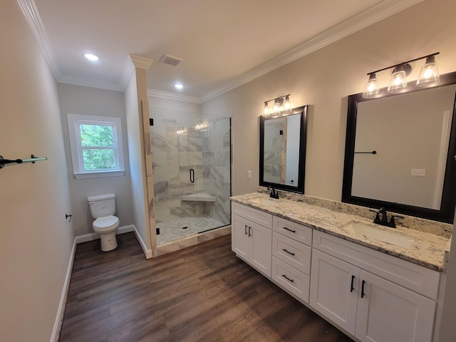 202 Cheshire Crossing Dr, Rock Spring, GA 30739 - bathroom featuring double vanity, a marble finish shower, wood finished floors, crown molding, and recessed lighting