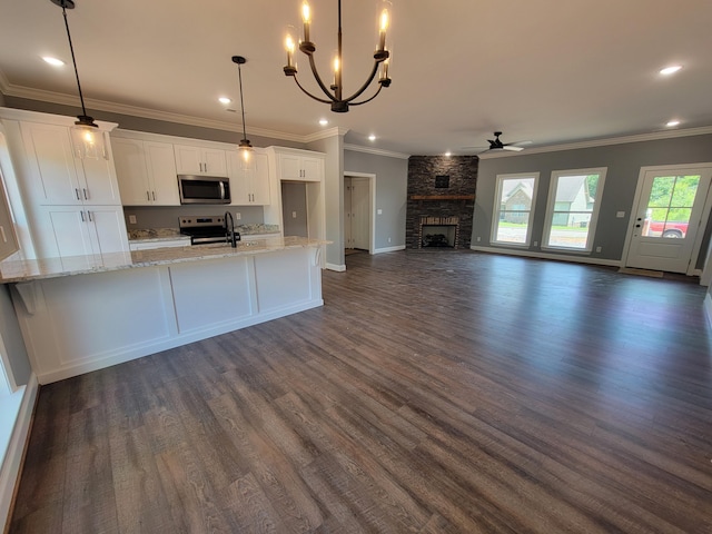 202 Cheshire Crossing Dr, Rock Spring, GA 30739 - kitchen with stainless steel appliances, white cabinets, crown molding, a ceiling fan, and dark wood-style flooring
