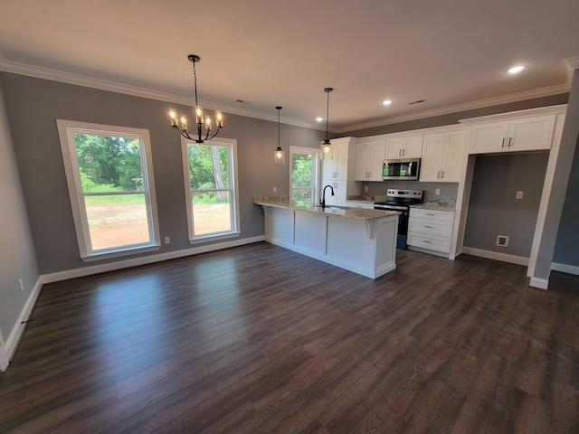 202 Cheshire Crossing Dr, Rock Spring, GA 30739 - kitchen with appliances with stainless steel finishes, white cabinetry, a peninsula, dark wood finished floors, and crown molding