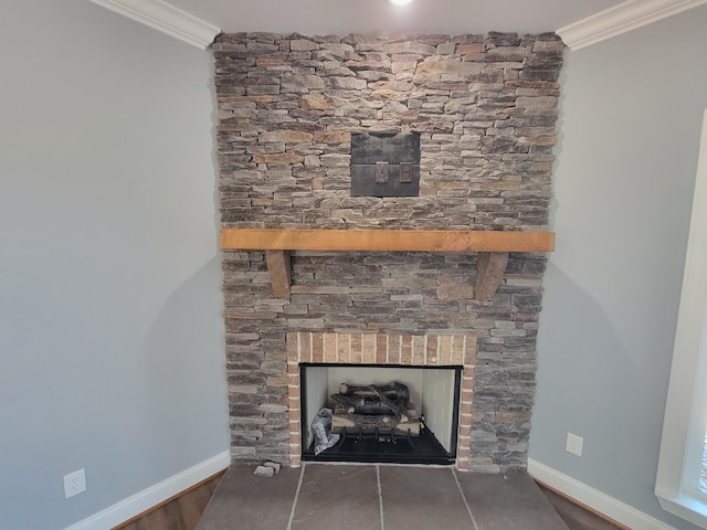 202 Cheshire Crossing Dr, Rock Spring, GA 30739 - detailed view of crown molding, a fireplace, and wood finished floors