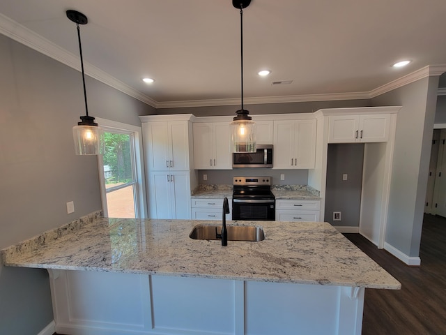 202 Cheshire Crossing Dr, Rock Spring, GA 30739 - kitchen with appliances with stainless steel finishes, white cabinetry, dark wood-style flooring, crown molding, and light stone countertops