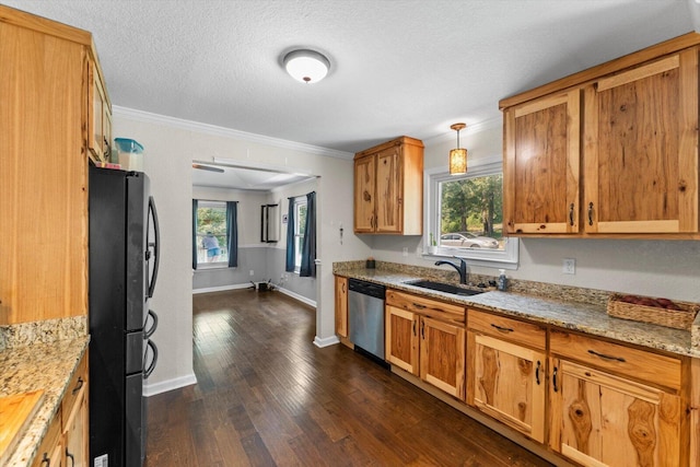 100 Anderson Ridge Rd, Jasper, TN 37347 - kitchen with freestanding refrigerator, dishwasher, dark wood-type flooring, light stone countertops, and crown molding