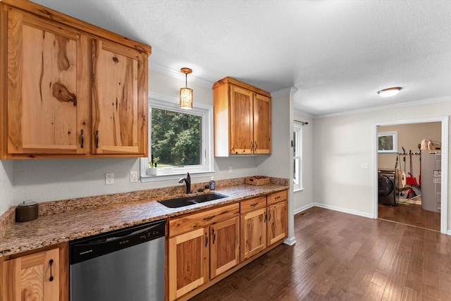 100 Anderson Ridge Rd, Jasper, TN 37347 - kitchen featuring dishwasher, washer / dryer, crown molding, dark wood-type flooring, and electric water heater