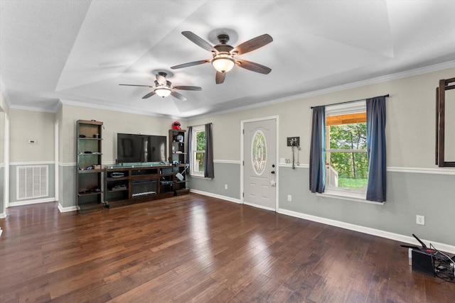 100 Anderson Ridge Rd, Jasper, TN 37347 - unfurnished living room with a ceiling fan, plenty of natural light, wood finished floors, and crown molding