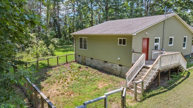 100 Anderson Ridge Rd, Jasper, TN 37347 - rear view of house with crawl space, stairs, a fenced backyard, a shingled roof, and a wooden deck