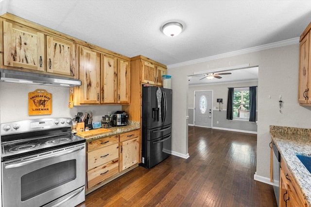 100 Anderson Ridge Rd, Jasper, TN 37347 - kitchen featuring stainless steel appliances, under cabinet range hood, dark wood-type flooring, crown molding, and light stone counters