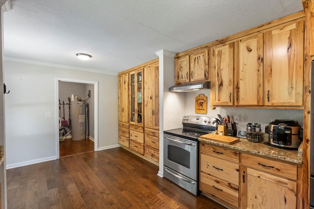 100 Anderson Ridge Rd, Jasper, TN 37347 - kitchen featuring stainless steel range with electric stovetop, electric water heater, under cabinet range hood, dark wood-type flooring, and ornamental molding