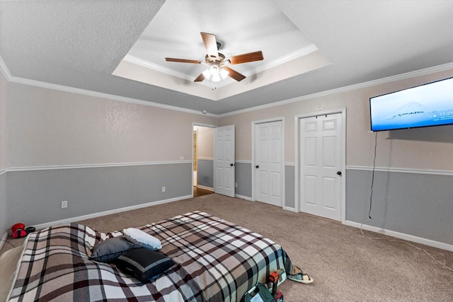 100 Anderson Ridge Rd, Jasper, TN 37347 - carpeted bedroom featuring a tray ceiling, crown molding, a ceiling fan, and two closets