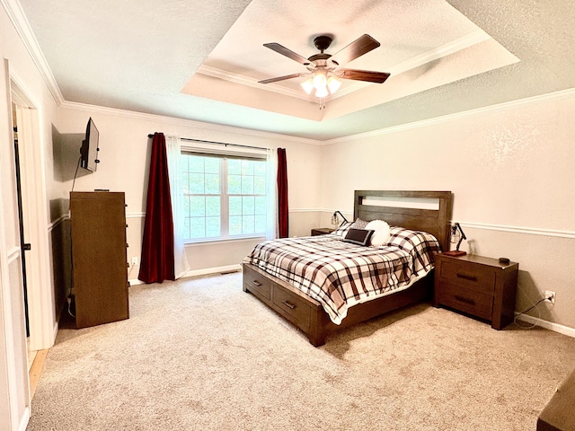 100 Anderson Ridge Rd, Jasper, TN 37347 - bedroom featuring a tray ceiling, carpet, ornamental molding, a ceiling fan, and a textured ceiling