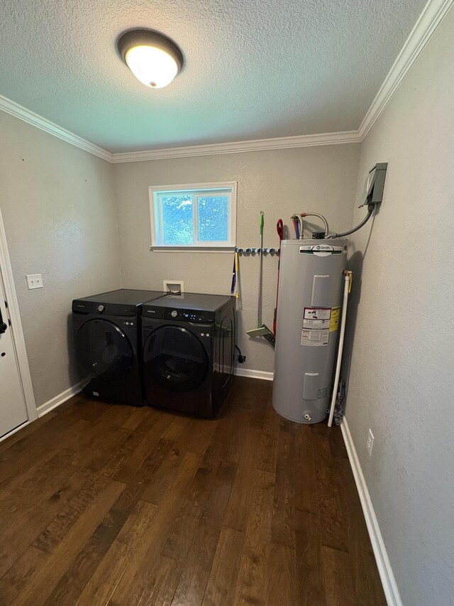 100 Anderson Ridge Rd, Jasper, TN 37347 - laundry area featuring water heater, wood finished floors, washing machine and dryer, a textured ceiling, and crown molding