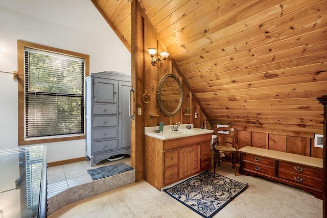 2875 Stagecoach Rd, Sewanee, TN 37375 - bathroom with lofted ceiling, vanity, and wooden ceiling