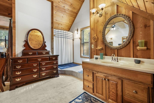 2875 Stagecoach Rd, Sewanee, TN 37375 - bathroom featuring vanity, healthy amount of natural light, vaulted ceiling, and a ceiling fan