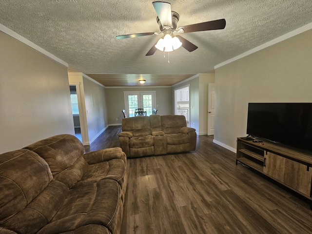 770 Jack Smith Rd Unit 15, Dunlap, TN 37327 - living area with ornamental molding, dark wood-type flooring, a ceiling fan, a textured ceiling, and french doors