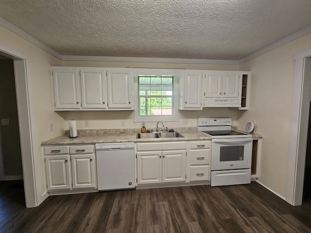 770 Jack Smith Rd Unit 15, Dunlap, TN 37327 - kitchen with white appliances, dark wood-style floors, under cabinet range hood, white cabinets, and a textured ceiling