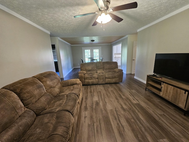 770 Jack Smith Rd Unit 15, Dunlap, TN 37327 - living room featuring crown molding, dark wood-type flooring, french doors, a textured ceiling, and a ceiling fan