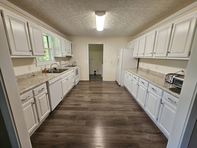 770 Jack Smith Rd Unit 15, Dunlap, TN 37327 - kitchen featuring white appliances, white cabinets, dark wood-style flooring, a textured ceiling, and ventilation hood