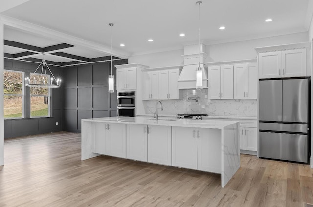 10541 E Brainerd Rd, Apison, TN 37302 - kitchen with stainless steel appliances, white cabinetry, light wood finished floors, tasteful backsplash, and coffered ceiling