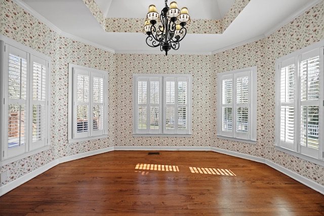 6401 Beacon Pointe Cir, Hixson, TN 37343 - unfurnished dining area featuring ornamental molding, hardwood / wood-style floors, a chandelier, plenty of natural light, and wallpapered walls