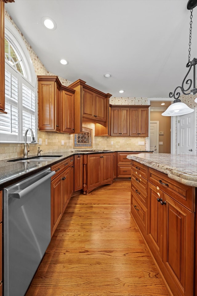6401 Beacon Pointe Cir, Hixson, TN 37343 - kitchen featuring stainless steel dishwasher, light wood finished floors, brown cabinets, decorative backsplash, and recessed lighting