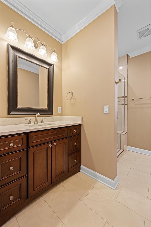 6401 Beacon Pointe Cir, Hixson, TN 37343 - bathroom with a stall shower, crown molding, vanity, and tile patterned flooring