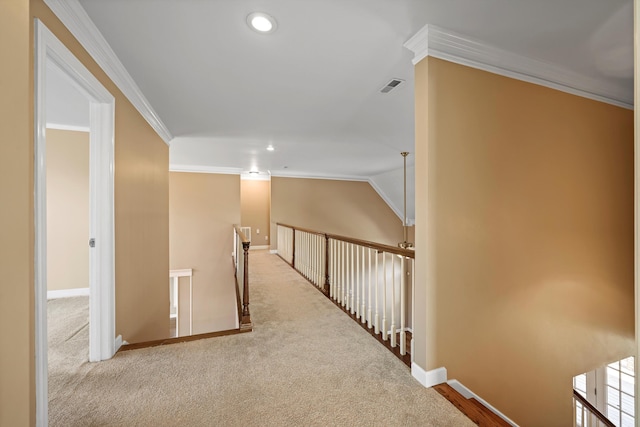 6401 Beacon Pointe Cir, Hixson, TN 37343 - corridor featuring an upstairs landing, carpet, ornamental molding, and recessed lighting