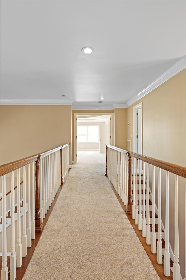 6401 Beacon Pointe Cir, Hixson, TN 37343 - hallway featuring an upstairs landing, ornamental molding, wood finished floors, and recessed lighting