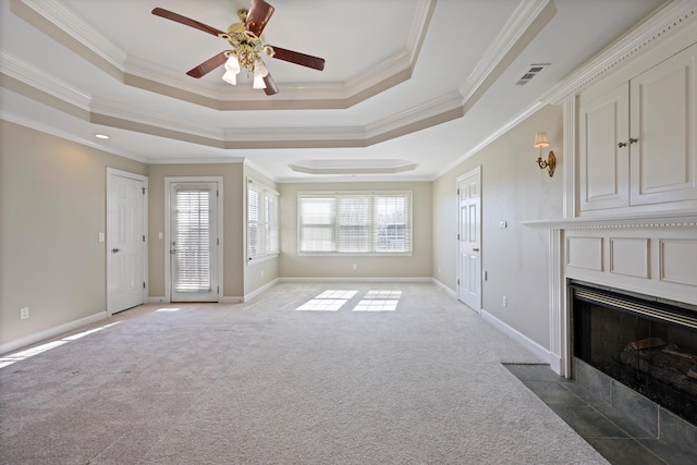 6401 Beacon Pointe Cir, Hixson, TN 37343 - unfurnished living room with a raised ceiling, ornamental molding, ceiling fan, carpet, and a fireplace with flush hearth