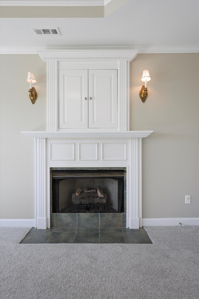 6401 Beacon Pointe Cir, Hixson, TN 37343 - detailed view of crown molding, a fireplace with flush hearth, and carpet flooring