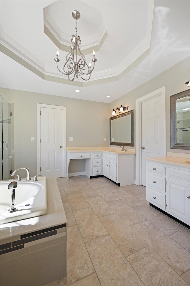 6401 Beacon Pointe Cir, Hixson, TN 37343 - bathroom with a tray ceiling, ornamental molding, two vanities, a chandelier, and a shower stall