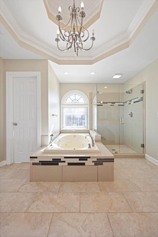 6401 Beacon Pointe Cir, Hixson, TN 37343 - bathroom with a raised ceiling, a stall shower, a whirlpool tub, ornamental molding, and a chandelier