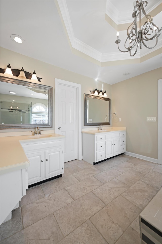 6401 Beacon Pointe Cir, Hixson, TN 37343 - full bath with a tray ceiling, crown molding, a chandelier, two vanities, and a shower