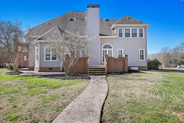 6401 Beacon Pointe Cir, Hixson, TN 37343 - back of property with crawl space, a yard, a shingled roof, and a chimney